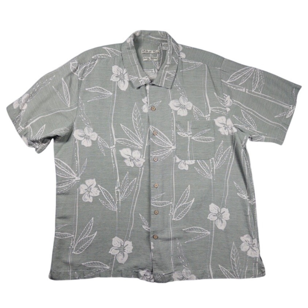 Batik Bay Hawaiian Shirt Mens XL Green Silk Bamboo Floral Short Sleeve Camp Top